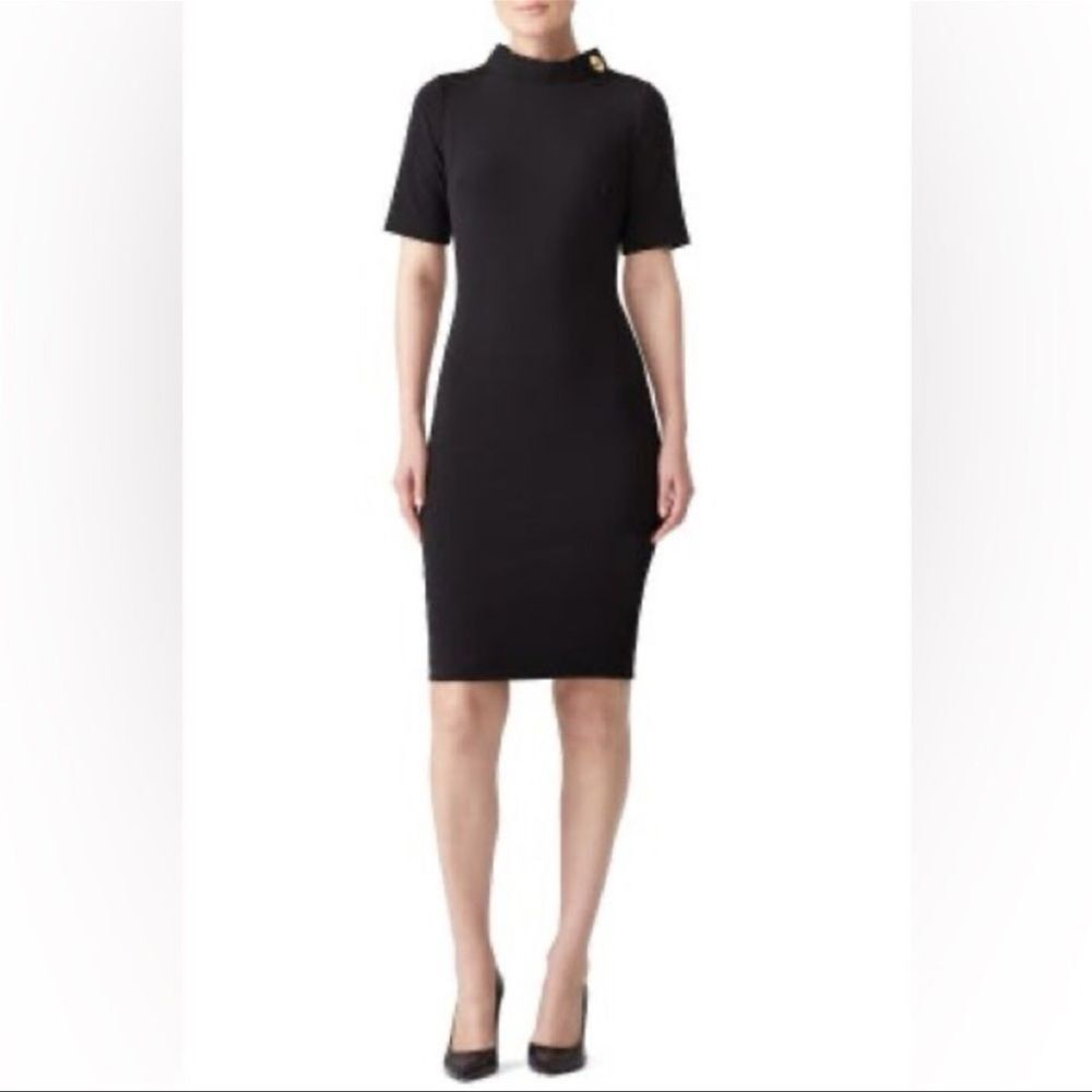 Badgley Mischka Black Turnlock Sheath Dress – Short Sleeve, High Neck – Size 2 - Picture 1 of 7